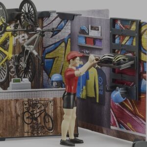Bruder Bworld Negozio di Biciclette e Officina  un set da gioco in scala 1:16 che include un punto vendita, un'officina di assistenza con attrezzi, un personaggio e delle biciclette