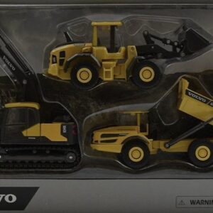 Set di modellini die-cast New Ray Set 3 Mezzi Cantiere Mini Volvo  che include tre veicoli gialli e neri in scala: un escavatore EC140E, una pala gomminata L60H e un dumper articolato.